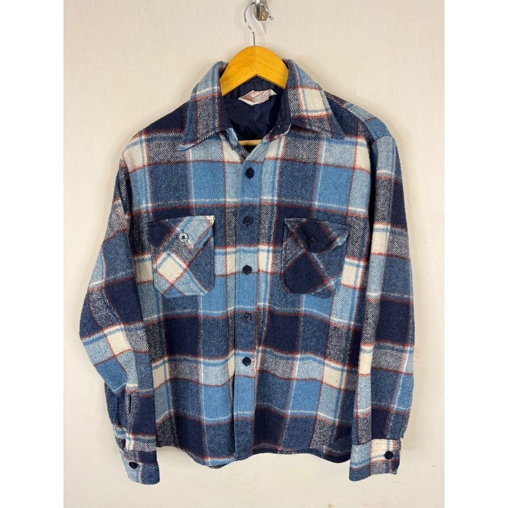 Vintage 70s Van Cort Blue Plaid Wool Linen Blend Flannel Shirt Jacket Mens M